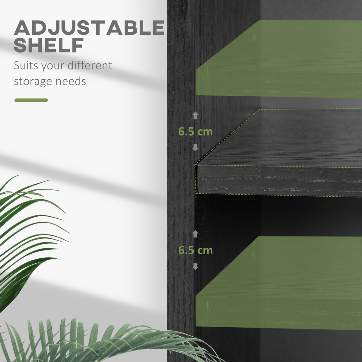 Close up of the black shelving unit highlighting the adjustable shelf positions with green overlays