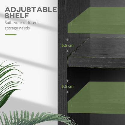 Close up of the black shelving unit highlighting the adjustable shelf positions with green overlays