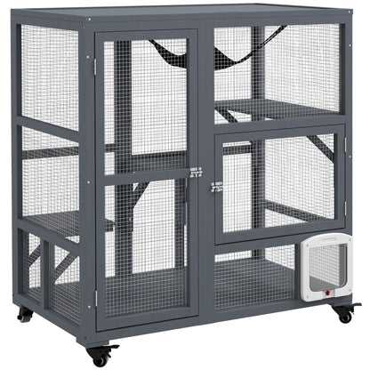 PawHut Cat House, Wooden Indoor Catio Cat Enclosure on Wheels, Wooden Kitty Cage with Platforms, Hammock, Light Grey