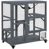 PawHut Cat House, Wooden Indoor Catio Cat Enclosure on Wheels, Wooden Kitty Cage with Platforms, Hammock, Light Grey