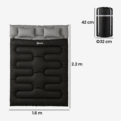 Outsunny Double Sleeping Bag with 2 Pillows, 220 x 160 cm Extra-Large Sleeping Bag for Adults, Black