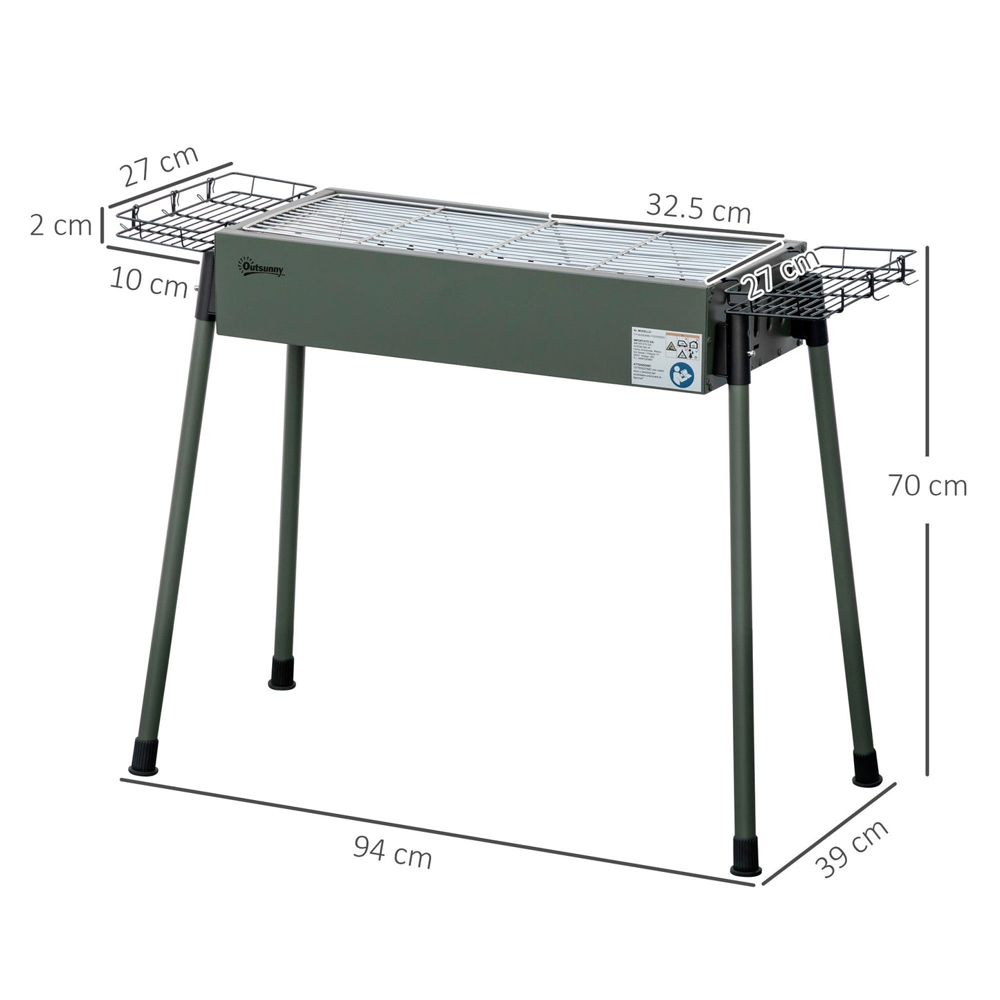 Outsunny Portable Charcoal Barbecue BBQ Grill with Seasoning Baskets and Hooks, Compact Stainless Steel Cooker for Camping Picnic Hiking Garden Party Festival
