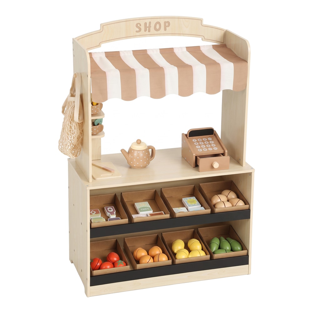 AIYAPLAY Pretend Play Shop, Wooden Kids Grocery Store Playset with Play Food, Cash Register, Chalkboard, 61 Accessories for 3-8