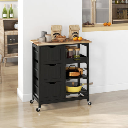 HOMCOM Rolling Kitchen Island Cart, Bar Serving Cart, Compact Trolley on Wheels with Wood Top, Shelves & Drawers for Home Dining Area, Black
