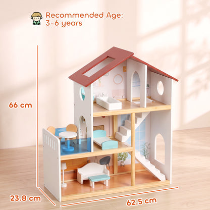 AIYAPLAY Kids Wooden Dolls House, 3-Story Dollhouse with 5 Rooms and 11 Accessories, Pretend Play Gift for Ages 3+, White