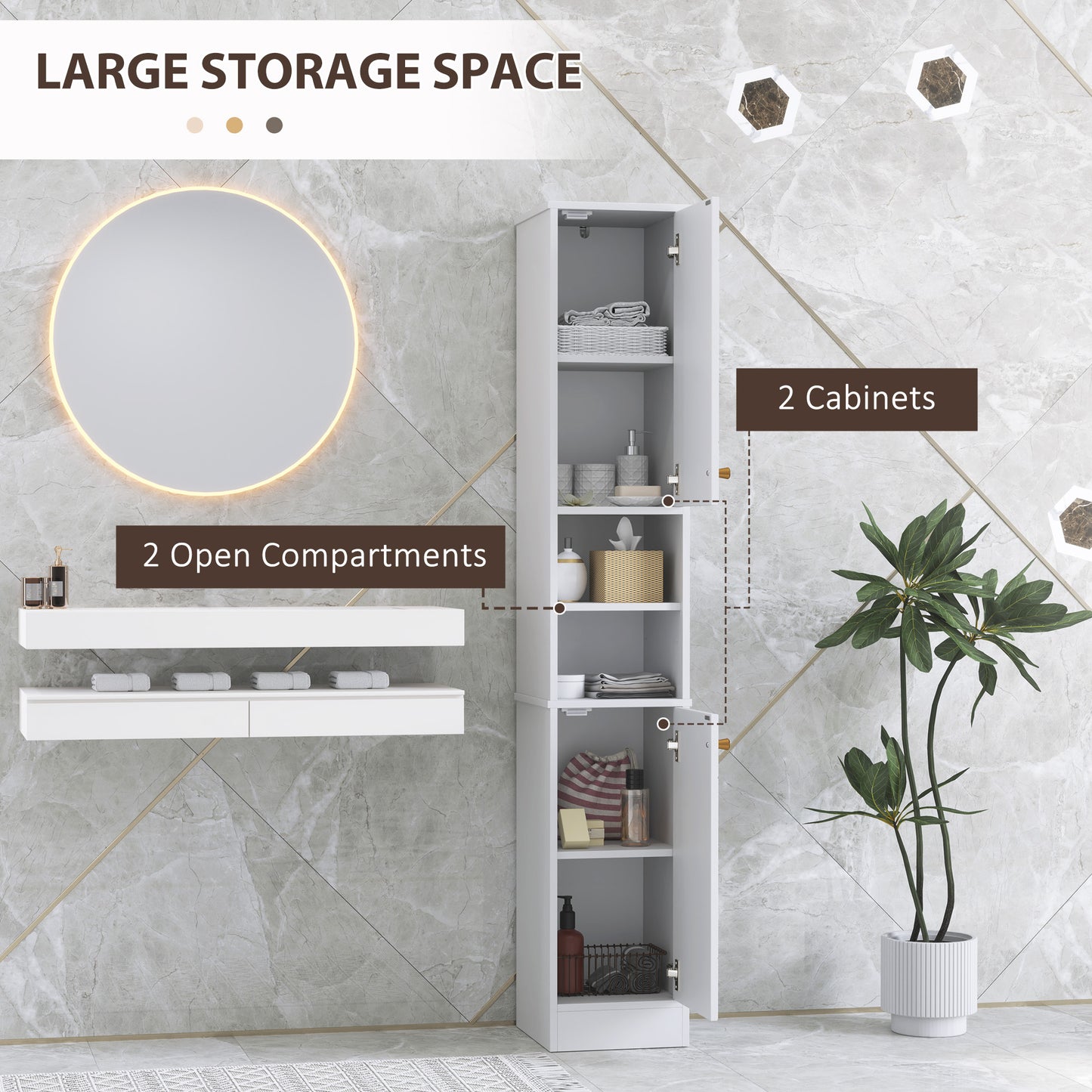 HOMCOM Tall Bathroom Storage Cabinet with Doors, Slim Bathroom Storage Unit with Adjustable Shelves, Freestanding Bathroom Storage Unit, White