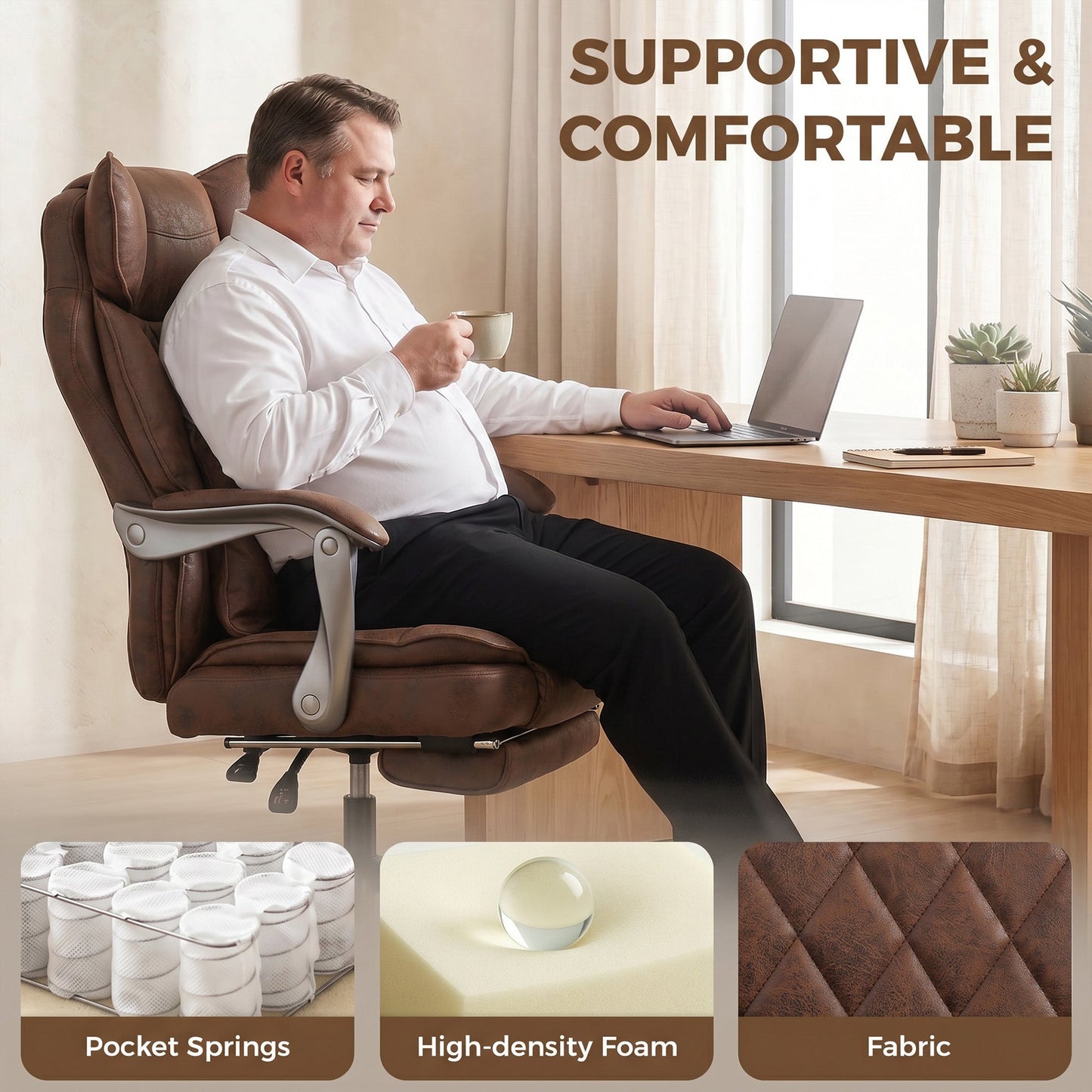 HOMCOM Executive Office Chair, Leathaire Big and Tall Office Chair 180 kg with Wide Seat, Reclining, Lumbar Support, Brown