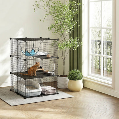 PawHut Indoor Cat Cage DIY Customizable 3-Tier Indoor Cat Enclosure with 3 Doors and Hammock 105 cm Black