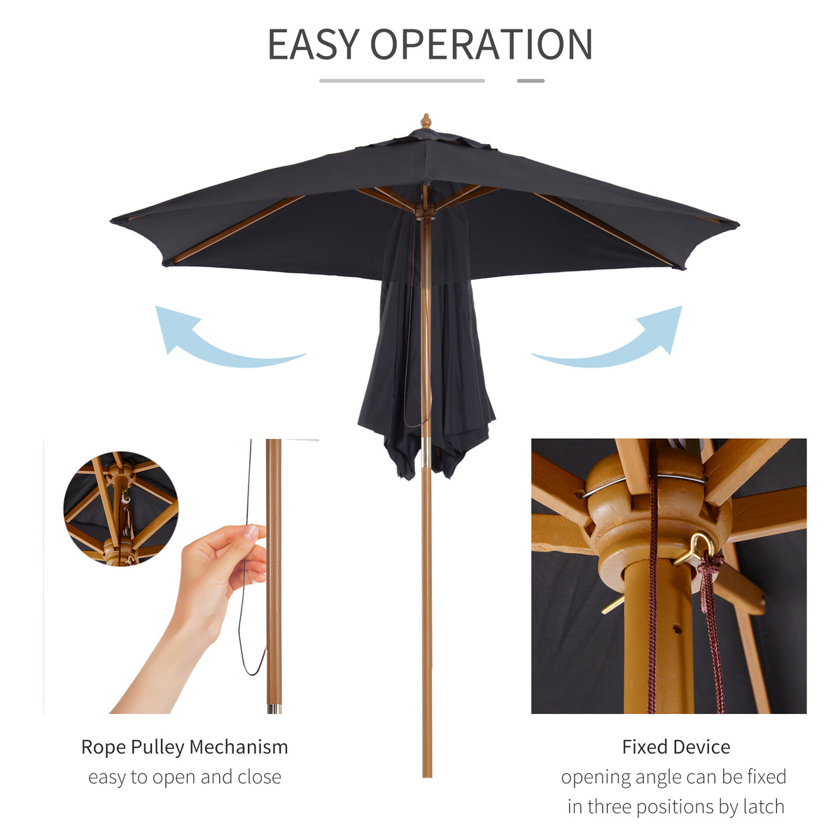 Outsunny 2.5m Wood Garden Parasol in Black