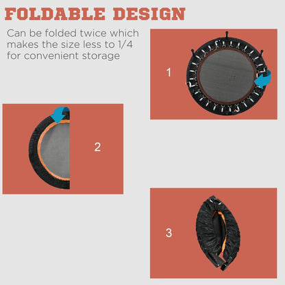The fitness trampoline demonstrating the three steps to fold the frame for storage