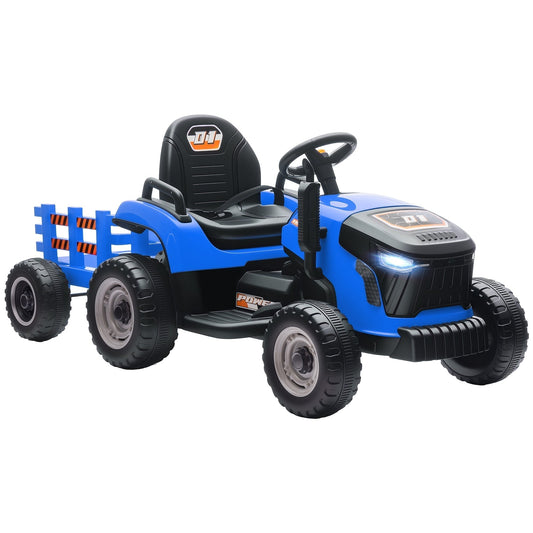 جرار ومقطورة AIYAPLAY 12V للأطفال مع ريموت كنترول، موسيقى، ناقل حركة، صوت تشغيل، للأطفال من 3-8 سنوات، أزرق