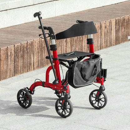 HOMCOM Lightweight Walking Frame, Folding Rollator Walker with Seat and Backrest, Red