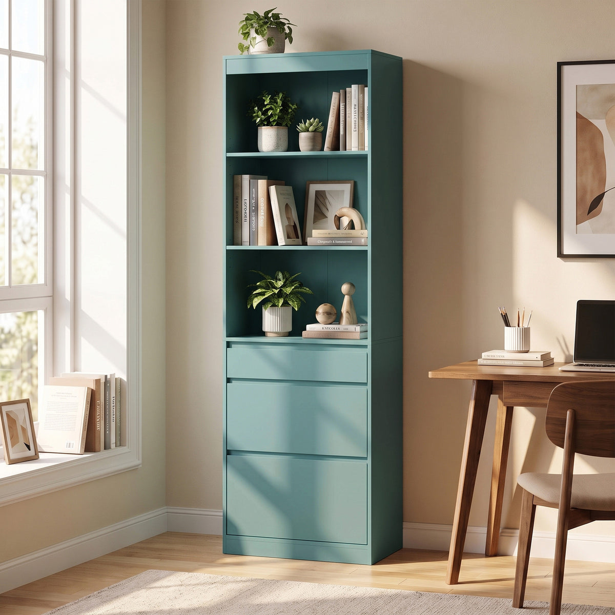HOMCOM Bookcase with Drawers Adjustable Shelves Book Shelf for Study Living Room Light Green