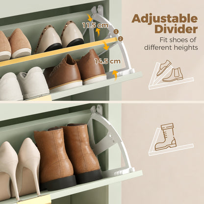HOMCOM Narrow Shoe Cabinet, Boho Slim Shoe Storage Cabinet with 2 Flip Drawers, Holds 14 Pairs, Light Green