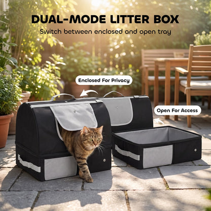 PawHut Portable Cat Litter Box with Zipper & Lid for Travel, Foldable Cat Travel Litter Tray, Black