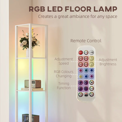 HOMCOM RGB LED Floor Lamp with Shelves, Modern Dimmable Standing Lamp with Remote Control, Adjustable Brightness & Speed for Living Room, Bedroom, Office, White