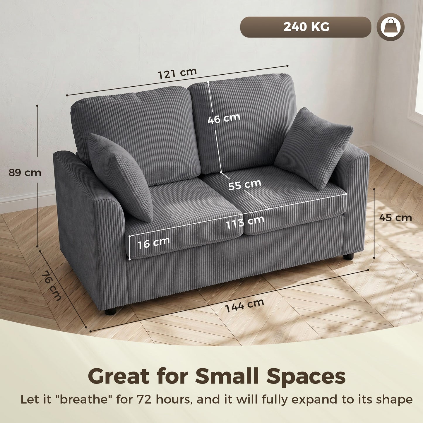 HOMCOM 2 Seater Sofa, Corduroy Small Couch with Spring Cushion, Wide and Deep Seat, Dark Grey