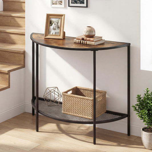 The narrow entryway table in a hallway setting with decorative items