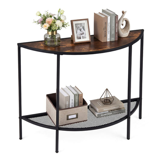 Half Moon Console Table with rustic brown top and black metal frame