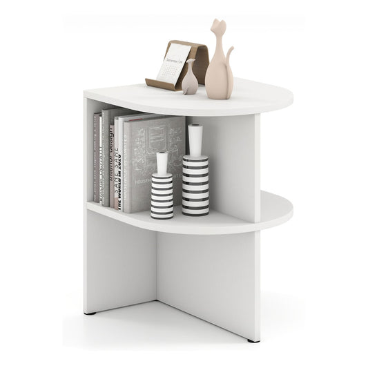 Half Round End Table with two open shelves and a curved top, shown in white