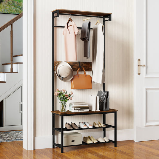 The hall tree with bench and shoe storage is shown in a hallway setting with a staircase