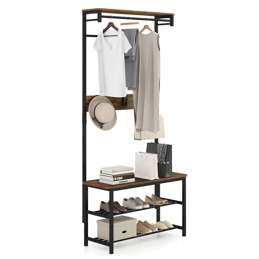Hall Tree with Bench and Shoe Storage with Hanging Bars-Rustic Brown, showing the full unit with clothes and shoes