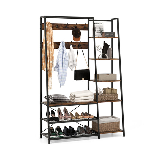 Hall Tree with Storage Bench 5-in-1 Entryway Bench filled with clothes, bags, and shoes