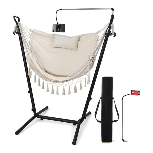 Hammock Chair with Stand and Phone Holder shown with its black carry bag and metal phone attachment