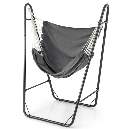 Hammock Chair with stand, a dark grey fabric seat hanging from a black metal frame