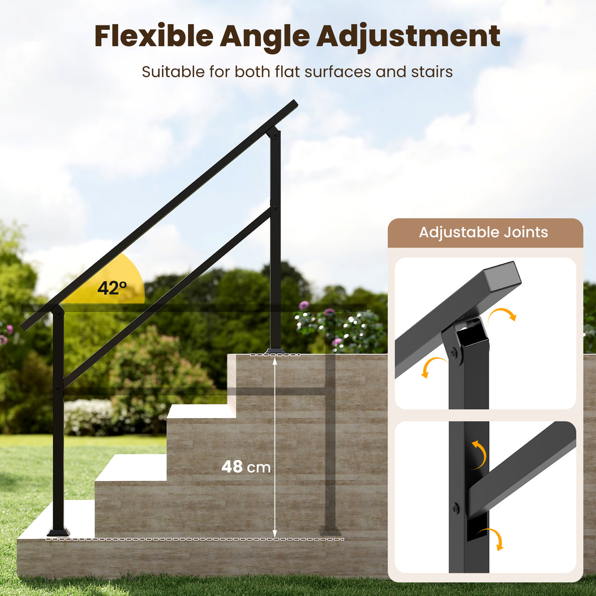 The outdoor step handrail showing flexible angle adjustment and adjustable joints
