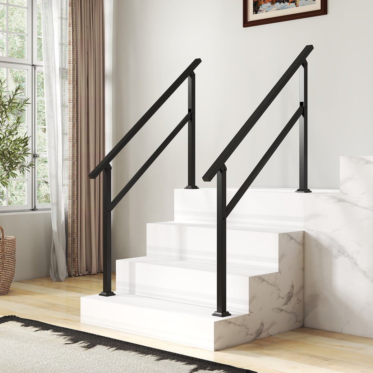 The outdoor step handrail installed on a white indoor staircase with a rug