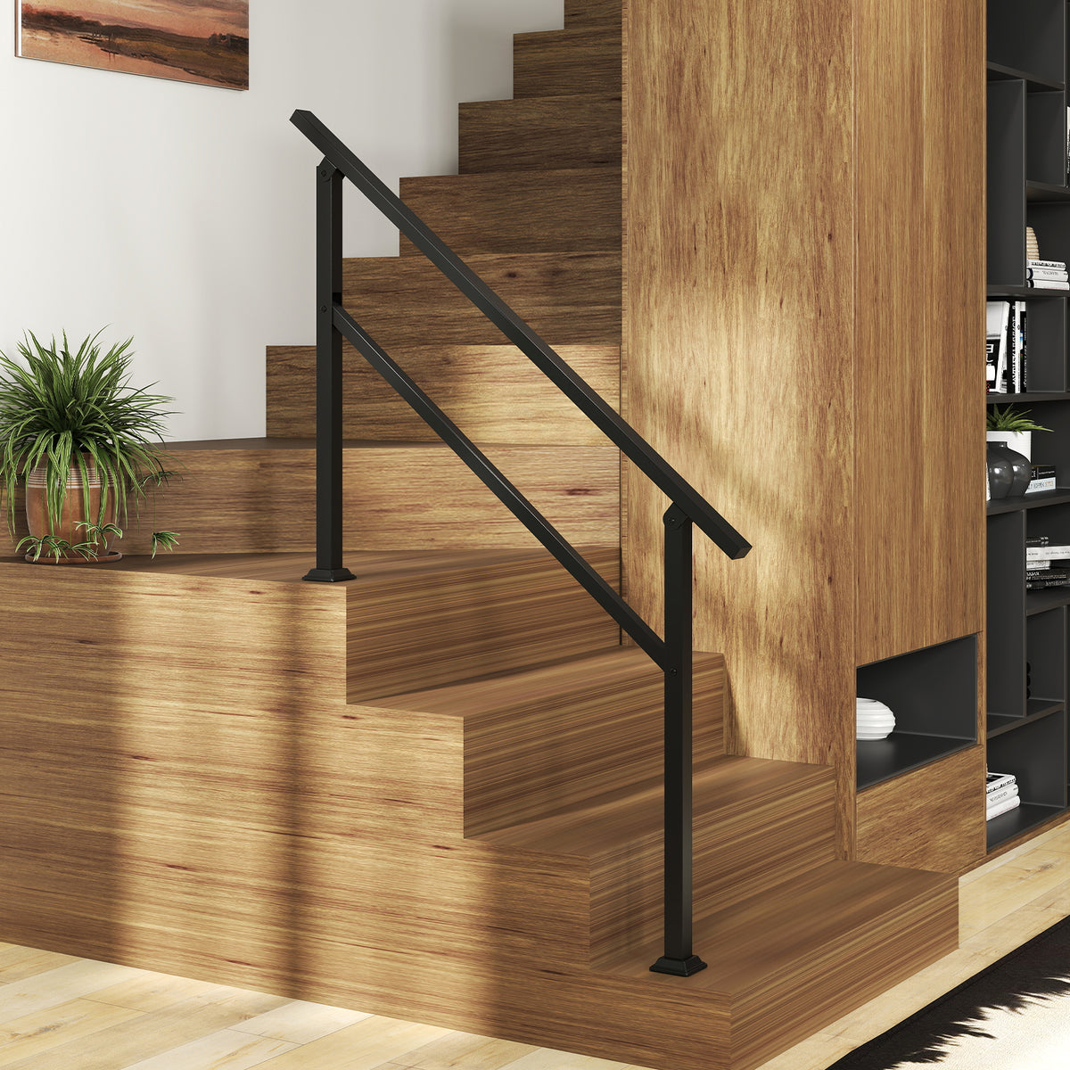 The outdoor step handrail installed on a wooden indoor staircase next to a bookshelf