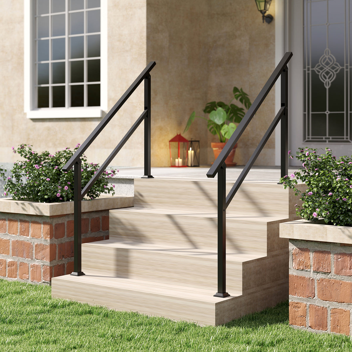 The outdoor step handrail installed on a wooden outdoor staircase with brick planters