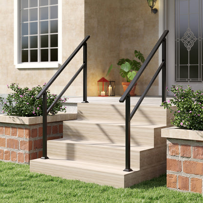 The outdoor step handrail installed on a wooden outdoor staircase with brick planters