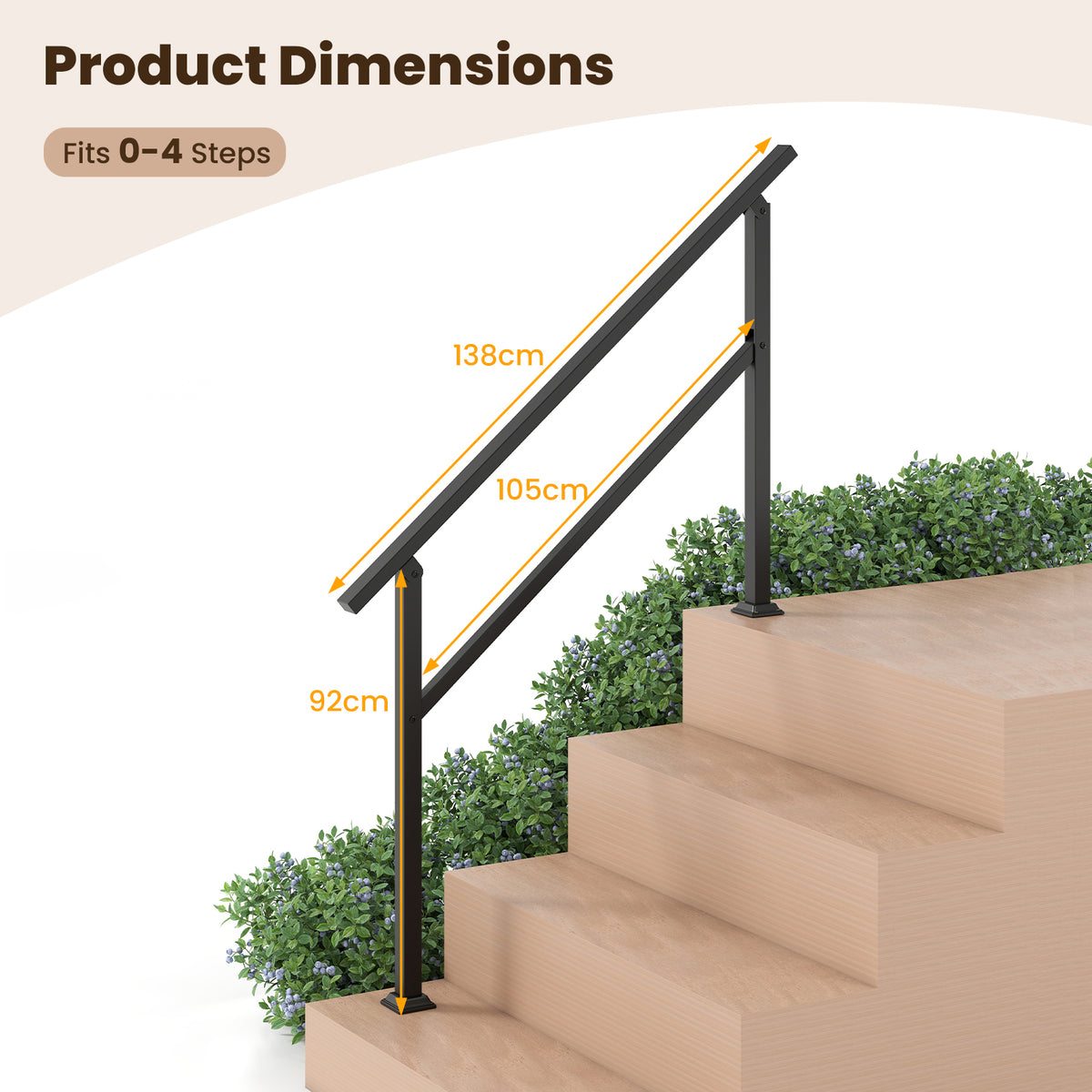 The outdoor step handrail showing product dimensions for 0-4 steps