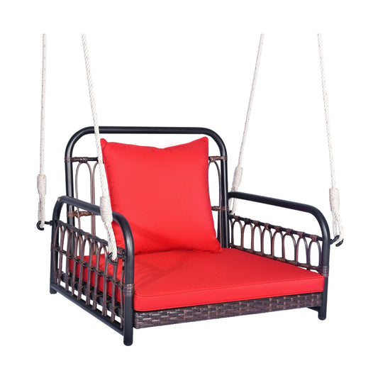 Hanging Porch Swing Chair with Back & Seat Cushion in red against a plain white background