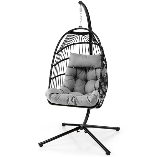 Hanging Swing Egg Chair with stand and grey cushion, a cozy seat for your home or garden
