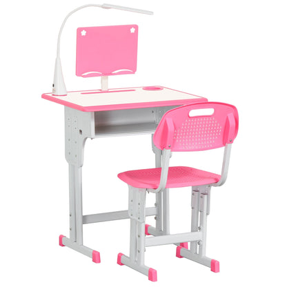 HOMCOM Kids Desk and Chair Set Adjustable Height Study Table Set with Drawer, Book Stand, Pen Slot - Pink
