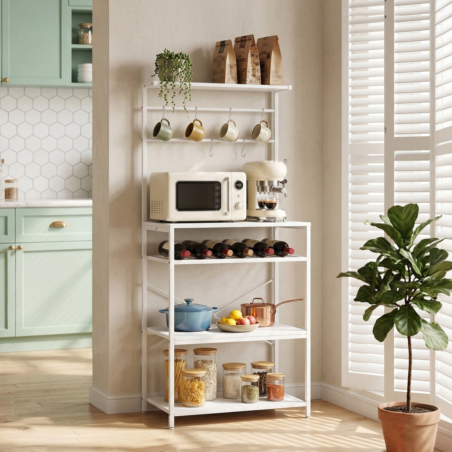 HOMCOM Freestanding Shelving Unit, Industrial Storage Shelf with 6 Hooks and Wine Rack for Living Room, Home Office, White
