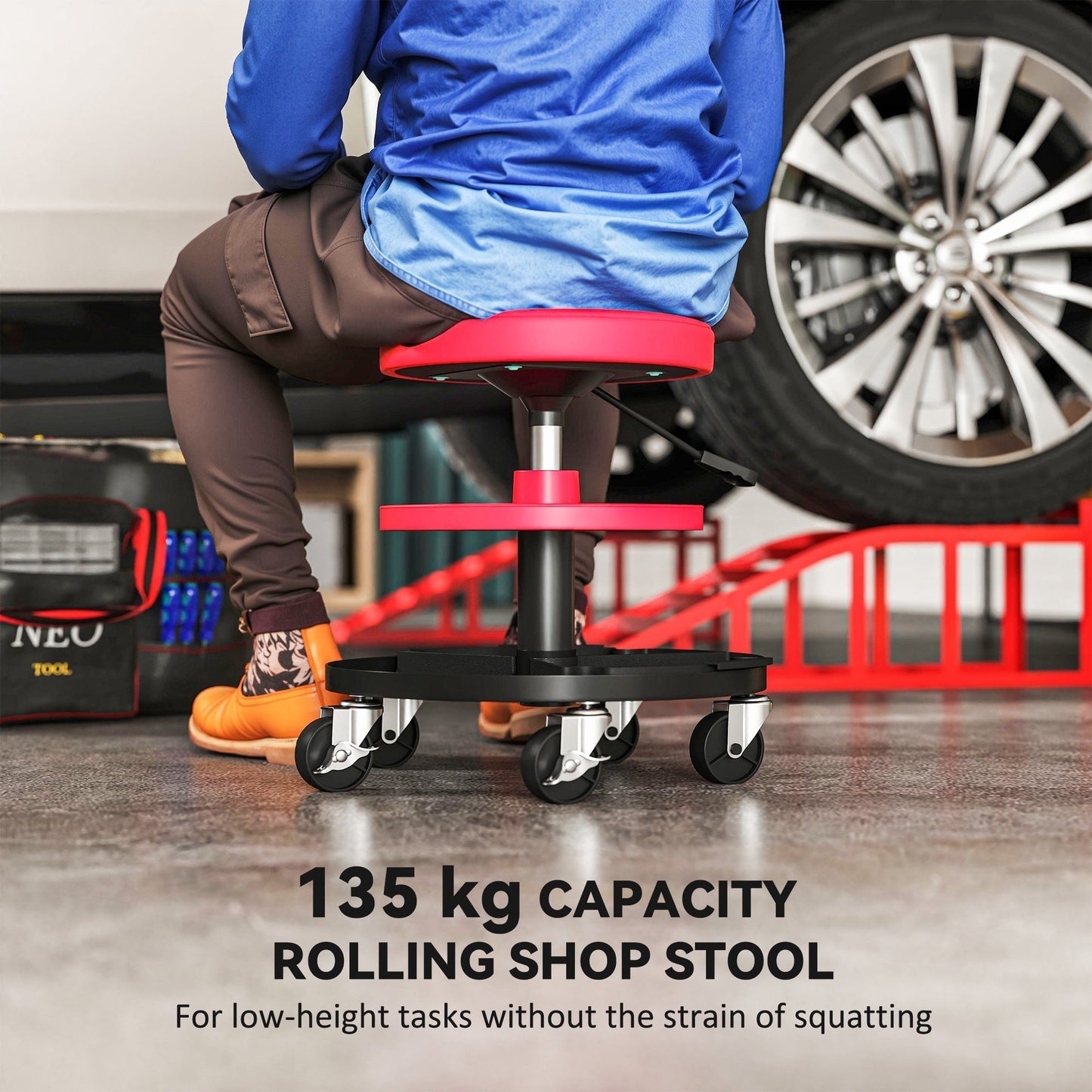 HOMCOM Rolling Mechanic Stool, 135kg Capacity Workshop Stool, 360 degrees Swivel Roller Padded Creeper Seat with Wheels, Tool Trays Storage for Garage, Shop, Auto Repair, Red