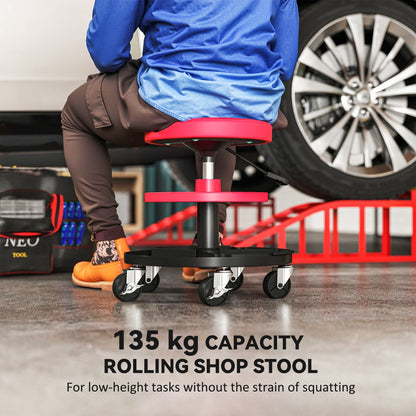 HOMCOM Rolling Mechanic Stool, 135kg Capacity Workshop Stool, 360 degrees Swivel Roller Padded Creeper Seat with Wheels, Tool Trays Storage for Garage, Shop, Auto Repair, Red