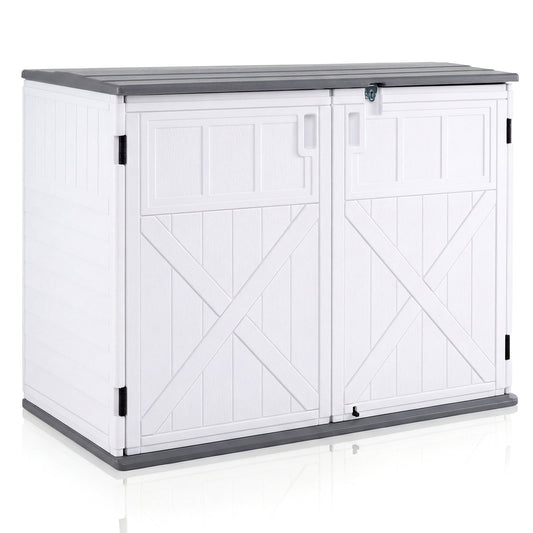 HDPE Horizontal Storage Shed, a white outdoor storage unit with grey lid and base, showing front doors and lid