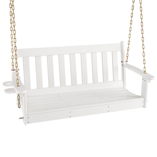 HDPE Porch Swing in white with a slatted backrest and integrated cup holder on the armrest