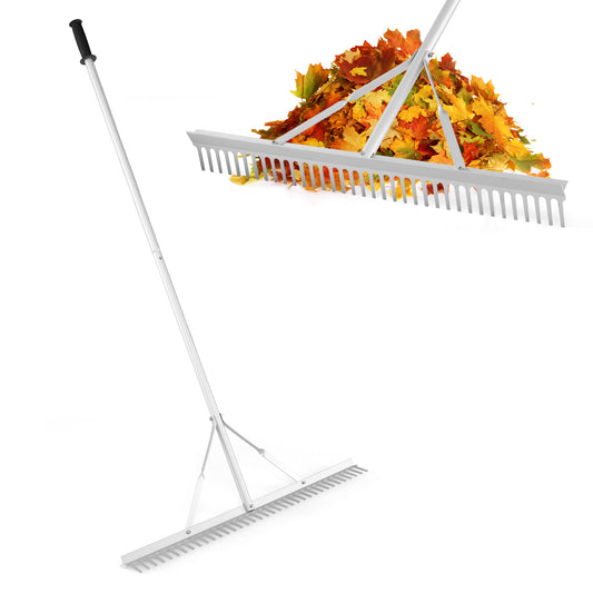 Heavy-Duty Aluminum Landscape Rake with a wide metal head and long handle