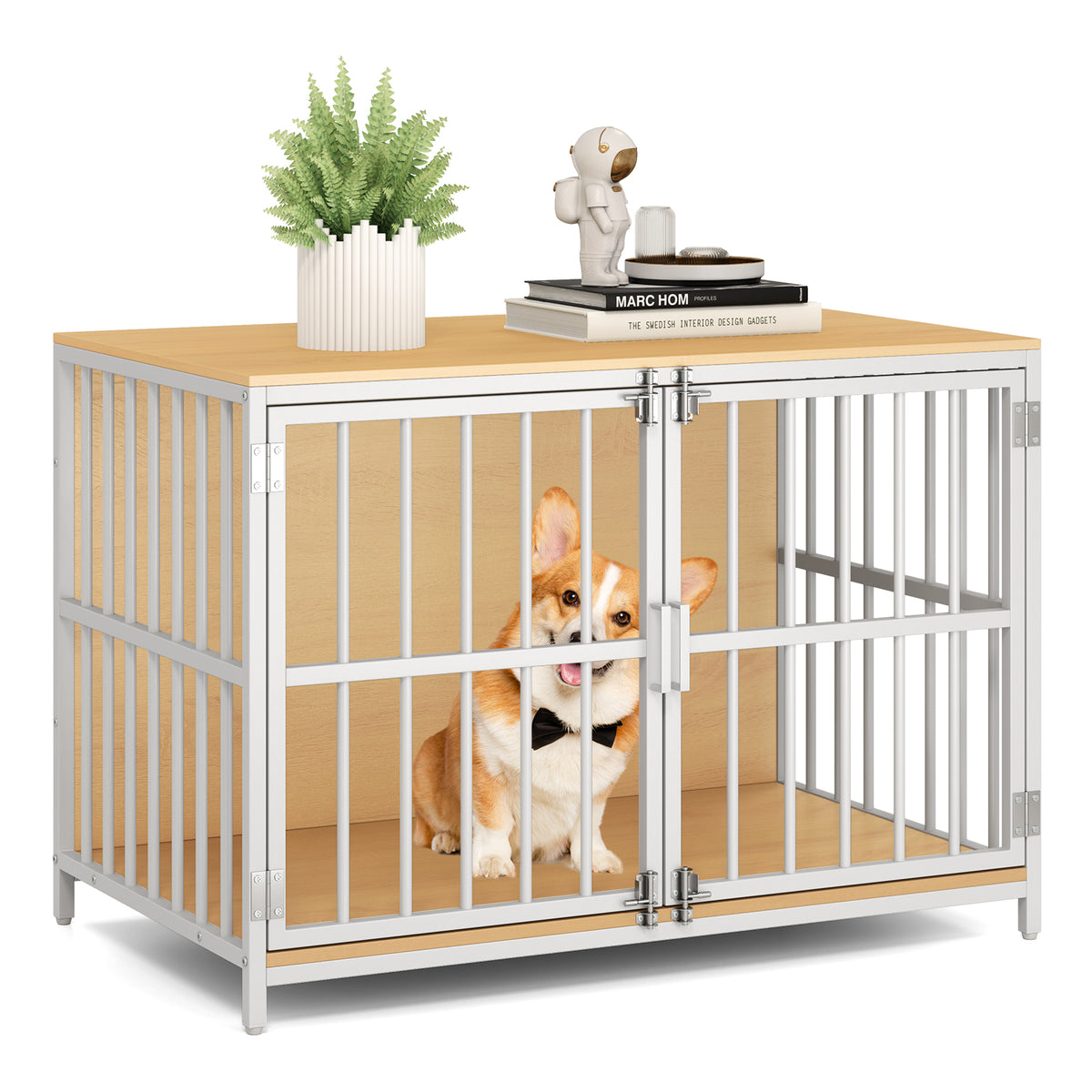 A corgi dog wearing a bow tie sits inside the dog kennel furniture with both doors closed