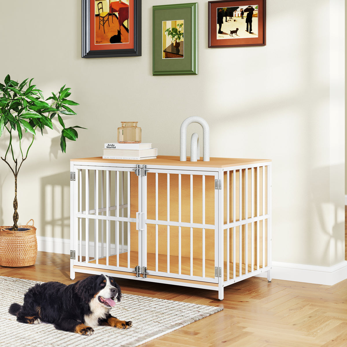 A large dog lies on a rug in front of the dog kennel furniture, which is in a living room setting
