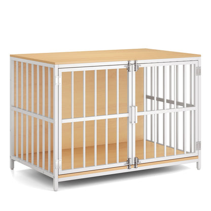 Heavy-duty Dog Crate Furniture with Dual Lockable Double Doors, a natural wood top and white metal bars