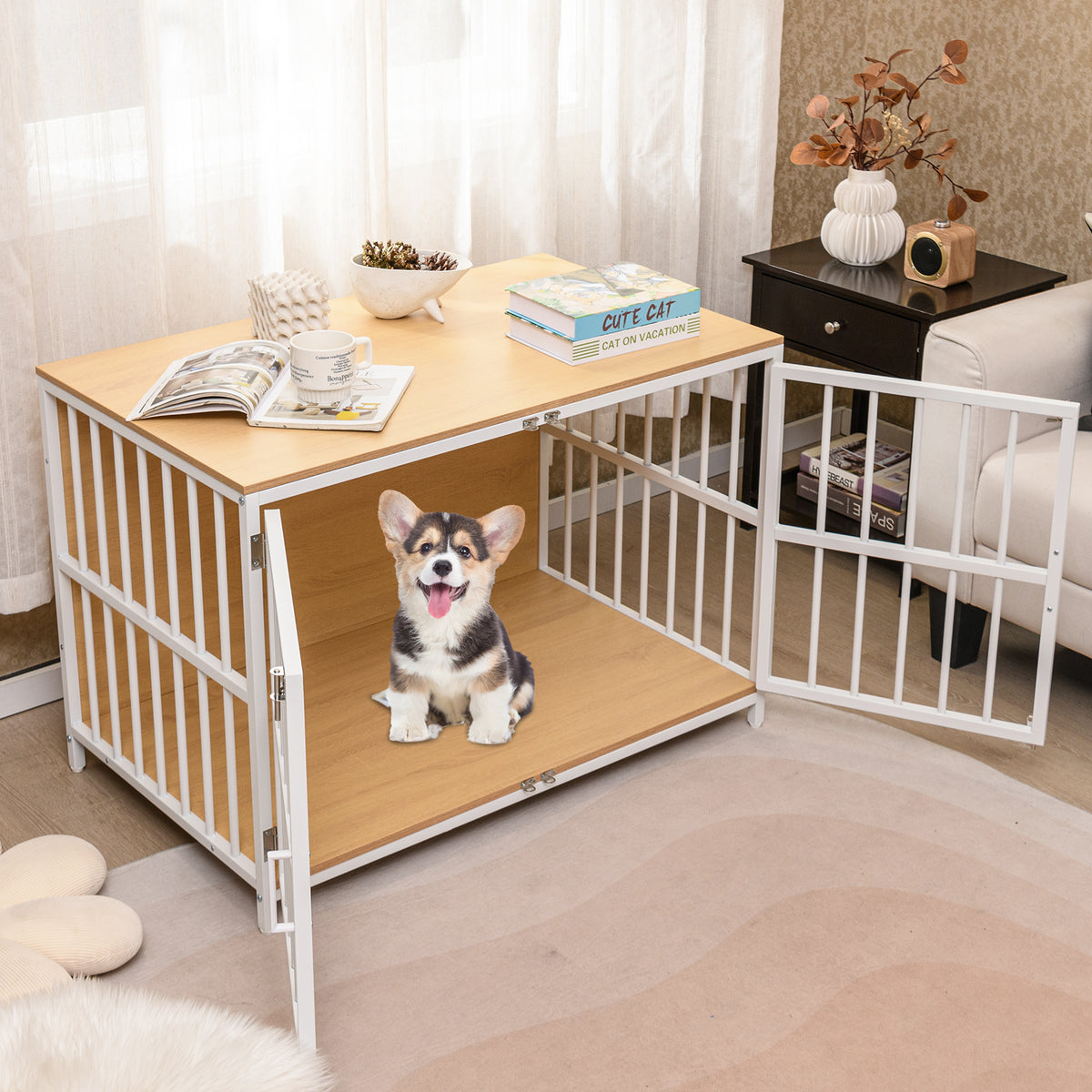 A happy puppy sits in the open dog kennel furniture, with a lamp and books on top
