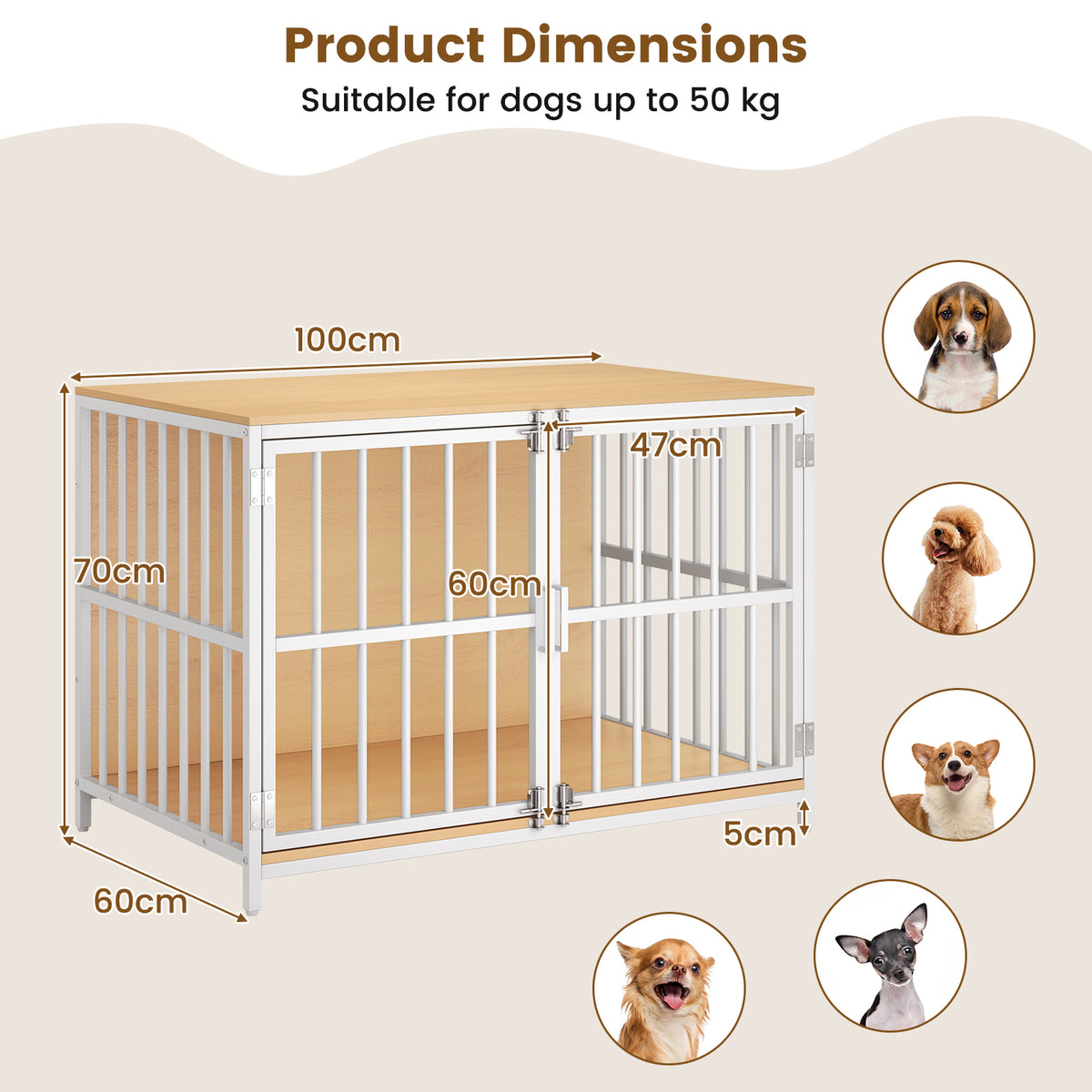 Product dimensions diagram for the dog kennel furniture, showing measurements and dog breeds