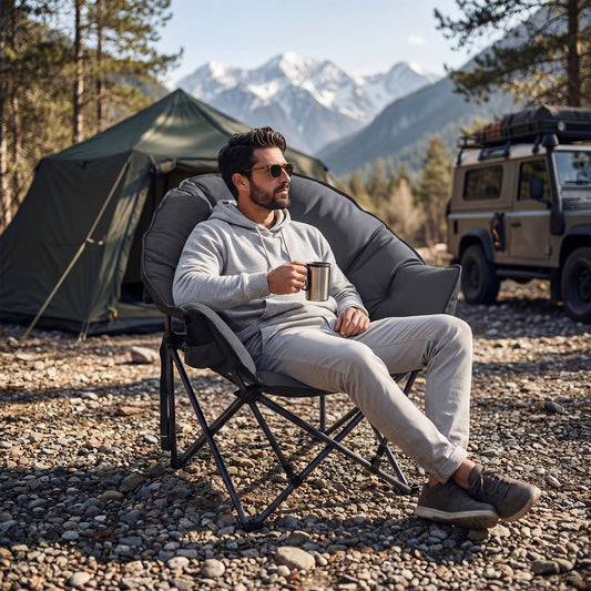 A man sits in the grey padded folding chair outdoors by a tent and mountains